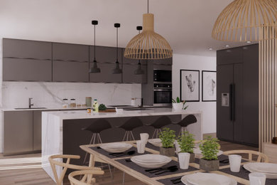 Imagen de cocina alargada y blanca y madera grande abierta con fregadero encastrado, armarios con paneles lisos, puertas de armario grises, encimera de cuarzo compacto, salpicadero blanco, puertas de cuarzo sintético, electrodomésticos de acero inoxidable, suelo de baldosas de porcelana, una isla, suelo marrón y encimeras blancas
