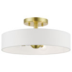 Livex Lighting - Venlo 4 Light Satin Brass With Shiny White Accents Semi-Flush - The Venlo collection is both modern and versatile. The satin brass finish with shiny white finish accents and hand-crafted off-white colored fabric hardback shade sets a pleasant mood. This sleek four-light drum semi-flush is a perfect fit for the living room, dining room, kitchen and bedroom.