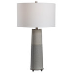 Uttermost - Uttermost Abdel Gray Glaze Table Lamp - Uttermost's Lamps Combine Premium Quality Materials With Unique High-style Design.With The Advanced Product Engineering And Packaging Reinforcement, Uttermost Maintains Some Of The Lowest Damage Rates In The Industry.  Each Product Is Designed, Manufactured And Packaged With Shipping In Mind. Sleek And Contemporary, This Ceramic Table Lamp Showcases A Two-tone Light Gray Glaze With A Gloss Sheen Top Half And A Textured Bottom Half, Complemented By Gunmetal Plated Accents. An Off-white Fabric Drum Shade Completes The Piece.