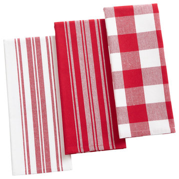 Farmhouse Living Stripe and Check Kitchen Towels, Set of 3, Red/White, 18"x28"