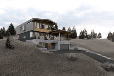 Inspiration for a modern three-story mixed siding house exterior remodel in Vancouver with a shed roof, a metal roof and a brown roof