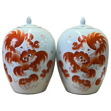 Pair Oriental Ceramic White Base Orange Foo Dog Oval Jars Hws2599
