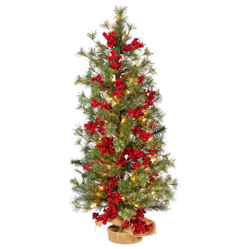 T3254 3 Berry and Pine Christmas Tree With 50 White Lights & Burlap Wrapped Base