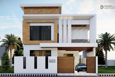 Imagen de fachada de casa bifamiliar blanca y roja contemporánea de tamaño medio de tres plantas con tejado plano y tejado de teja de barro