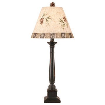 Distressed Black Square Candlestick Table Lamp With Pinecone Shade