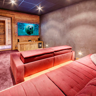 Inspiration for a mid-sized contemporary enclosed carpeted home theater remodel in Lyon with gray walls and a wall-mounted tv