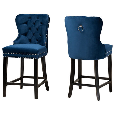 Edita Modern Navy Blue Velvet and Dark Brown Wood 2-Piece Counter Stool Set