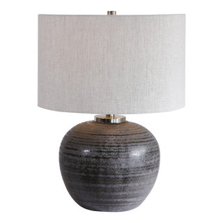 Rustic Round Charcoal Brown Table Lamp, Ceramic Sphere Vintage