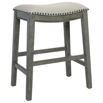Saddle Wood Stool 24" Gray Fabric and Antique Gray Base and Nailheads 2-pack