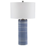 Uttermost - Uttermost Montauk Striped Table Lamp - Showcasing Trendy White And Indigo Hues, This Ceramic Table Lamp Has A Striped Glaze With Polished Nickel Accents.  UL approved requires 1 X 150 watt max.