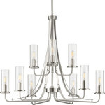Progress Lighting - Riley Collection Brushed Nickel Nine-Light Chandelier - Incorporate a sleek simplicity and natural beauty with the Riley Collection's Nine-Light Brushed Nickel Chandelier. Clear glass shades are ready to offer stunning rejuvenating illumination. The shades rest on a gorgeous dual-tone frame with a brushed nickel finish accented by a polished chrome trim that manifests feelings of tranquility and serenity.