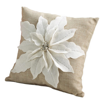 White Poinsettia Felt Holiday Design Decorative Throw Pillow, White
