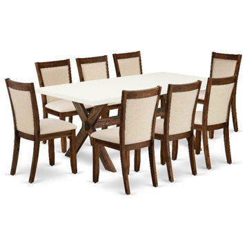 X727MZN32-9 Dining Table and 8 Light Beige Chairs - Distressed Jacobean Finish