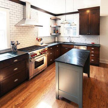 36" Professional Range with Stainless Steel Chimney Hood and Dark Stained Cabine