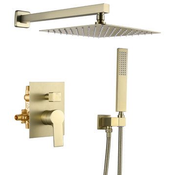 Wellfor Shower Set, 10" Rain Shower Head With Handheld Combo Set and Valve, Brushed Gold