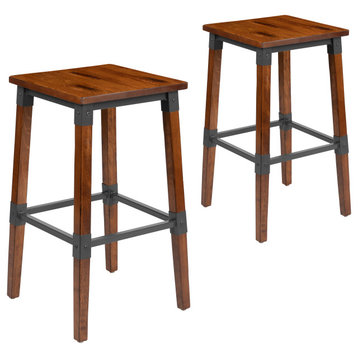 Set Of 2 Walnut Brown Wood Grain Backless Bar Stools-Steel Supports and Footrest