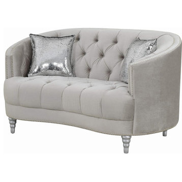Contemporary Loveseat, Velvet Seat With Sloped Arms & Jewelry Tufting, Grey