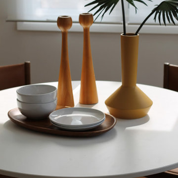 Vintage Mid Century Modern Wood Candlesticks and Palm Leaves