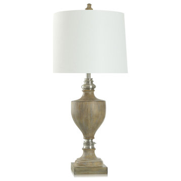 Branson Brown Brushed Polyresin and Metal Table Lamp White Linen Shade
