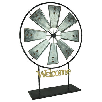 Black and Silver Metal Spinning Windmill Welcome Sign Sculpture