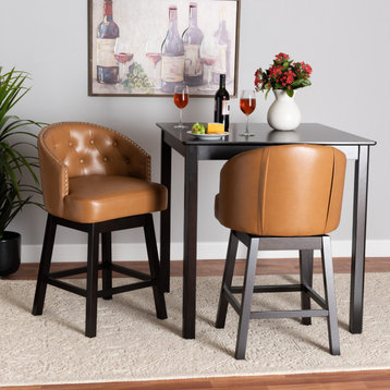 Theron Tan Faux Leather and Espresso Brown Finish Wood  Swivel Counter Stool Set
