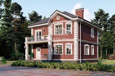 На фото: двухэтажный, кирпичный, красный частный загородный дом среднего размера в классическом стиле с вальмовой крышей и металлической крышей с