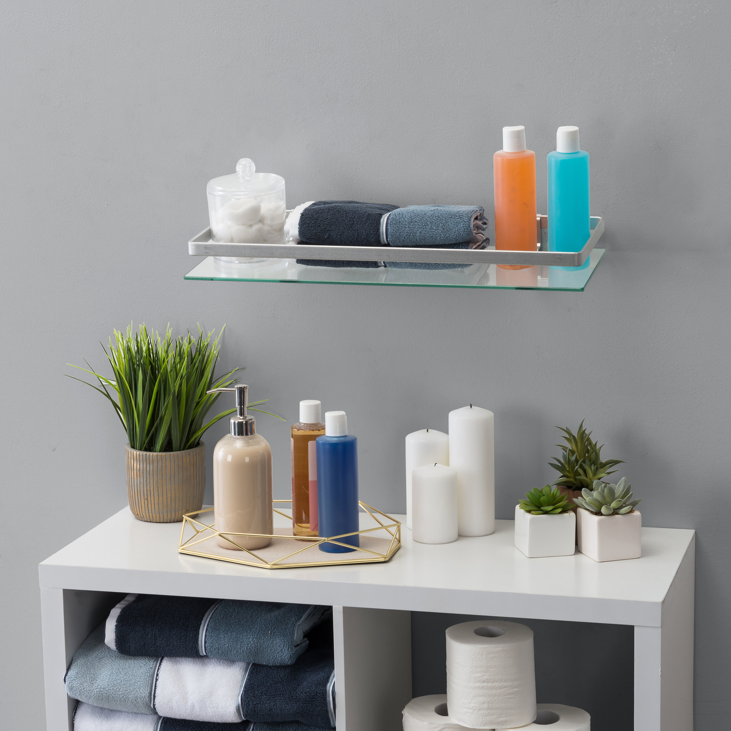 Floating Wall Mount Tempered Glass Bathroom Shelf With Brushed Chrome ...