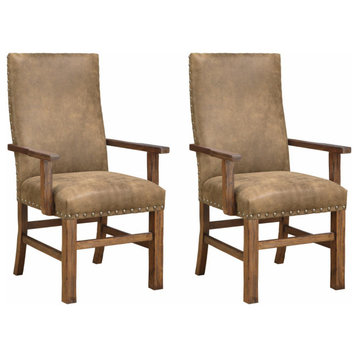 Set of 2 Dining Chair, Faux Leather Seat With Wooden Arms & Nailhead Trim, Tan