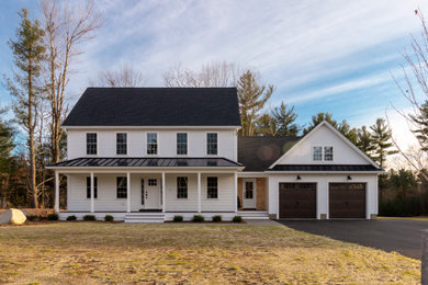 Large farmhouse white two-story wood and shingle exterior home idea in Bridgeport with a shingle roof and a black roof