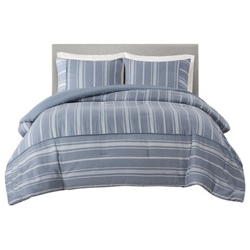Beautyrest Kent 3 Piece Striped Herringbone Oversized Comforter Set in Blue