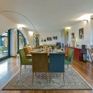 トゥーリンの広いコンテンポラリースタイルのLDKの画像 (白い壁、無垢フローリング、標準型暖炉、石材の暖炉まわり、茶色い床)