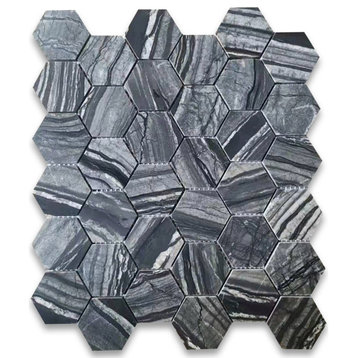 Silver Wave Black Forest Marble 2 Hexagon Mosaic Wall Floor Tile Honed, 1 sheet