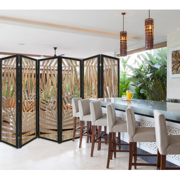 3 Panel Room Divider With Tropical Leaf Design