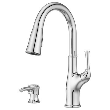 Transitional Kitchen Faucet, Pull Down Sprayer & Soap Dispenser, Polished Chrome