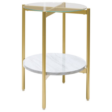 Benzara BM226512 Glass Top Metal End Table with Marble Shelf, Gold and White