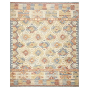 Southwestern Area Rug, Wool Cotton Blend With Geometric Pattern, Ivory/Multi