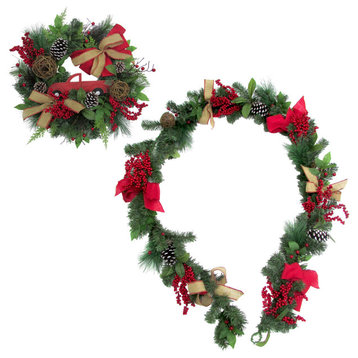 24" Wreath and 9' Garland Set With Pinecones, Bows, and Berries