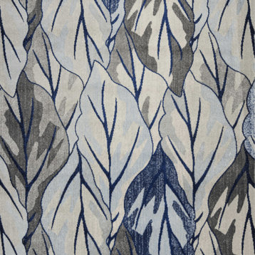 10'X13' Grey Navy Blue Machine Woven Tropical Leaves Indoor Area Rug