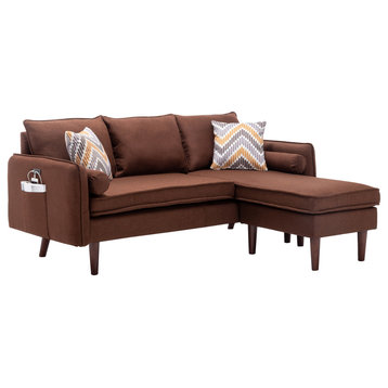 Mia Brown Linen Fabric Sectional Sofa Chaise With USB Charger & Pillows
