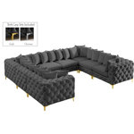 Meridian Furniture - Tremblay Velvet Upholstered 8-Piece Modular U-Shaped Sectional, Grey - Lean back and relax on this Tremblay sectional. Featuring soft grey velvet upholstery with deep button tufting, this sectional adds a bold touch to any living space. A complete set of gold and chrome legs are included, so you can change it up to suit your home decor. This sectional is modular, so you can create infinite configurations with it, which are easily attached using the latch underneath the frame. Its contemporary design is perfect for the modern home.