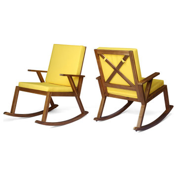 Andy Outdoor Acacia Wood Rocking Chair With Water-Resistant Cushions, Teak/Yellow Cushion, Set of 2