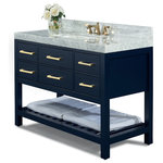 Ancerre Designs - Elizabeth Bath Vanity Set, Heritage Blue, 48", Gold Hardware, Without Mirror - The Elizabeth Collection is a pure transitional design that brings balance & harmony to any space. From selecting quality wood to using the most durable soft-close hardware, no details were overlooked in crafting the Elizabeth 48 in. Vanity Set. The vanity set includes a furniture style cabinet, a thick imported Italian Carrara White marble top with a 4 in. backsplash, wide rectangular under mount basin, solid wood dovetailed drawer boxes, soft-close doors & drawers and gold finish hardware. Complete the look with our mirrors which are sold separately (M-28-W).