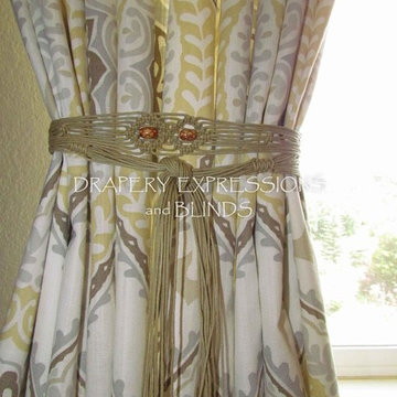 Custom Drapery Panels with macrame tie-back