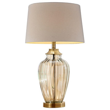 28.5" Tall Glass Table Lamp "Athena" With Antique Bronze, Linen Shade