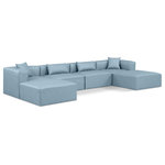 Meridian Furniture - Cube Upholstered Modular Sectional, Light Blue, 6-Piece: 2 Armless Chair, 2 Corner Chair, 2 Ottoman, Vegan Leather - Elevate your space with the luxurious Cube Vegan Leather Modular Sectional. This modular sectional exudes modern elegance, charm, and comfort making it a perfect addition to any contemporary living space. Its clean lines and cube shape are reminiscent of minimalist design, while the plush light blue vegan leather upholstery adds a touch of luxury and sophistication. The chair's versatile construction and geometric aesthetic seamlessly integrate into various design styles, from sleek living rooms to chic home offices, embodying the essence of modern design and creating a sense of order and tranquility in your space.