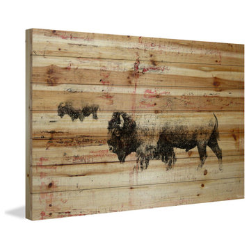 "Bison Herd Walk" Painting Print on Natural Pine Wood, 24"x16"