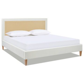 Haley Upholstered Cane-Back Platform Bed, Snow White Polyester, King