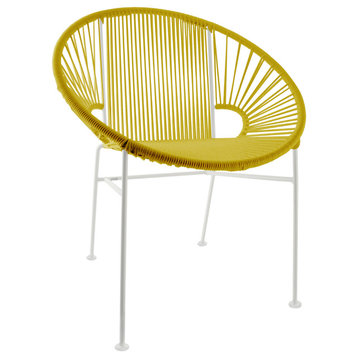 Concha Indoor/Outdoor Handmade Dining Chair, Yellow Weave, White Frame