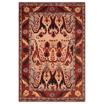 Bareens Designer Rugs - Antique Vintage Kargahi Eleanora Tan/Rust Wool Rug - 6'2'' x 9'0'' - Create a new dimension of style in your home with this breath-taking semi-antique hand knotted Kargahi rug featuring incredible luxurious texture and appearance. Featuring vibrant awe-inspiring color pallet with an intricate geometrical design inspired by Uzbek and Kazak style, these one-of-a-kind rugs are a unique piece of world art that will enhance your living space. Made by skilled Uzbek Afghan master weavers in hand-spun wool and all vegetable dyes, Kargahi rugs blend in traditional to modern decor seamlessly.