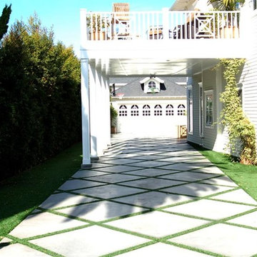 Concrete slabs, flagstones, checkerboard turf accents